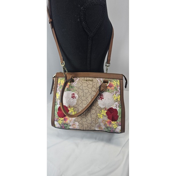Calvin Klein Handbags - Calvin Klein Floral Embroidered Satchel Crossbody Logo Bag Brown Beige